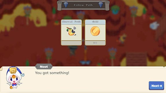 In-game image of two new items (Charred Fruit and a Gold Coin) with a banner from Noot that reads, "You got something!"