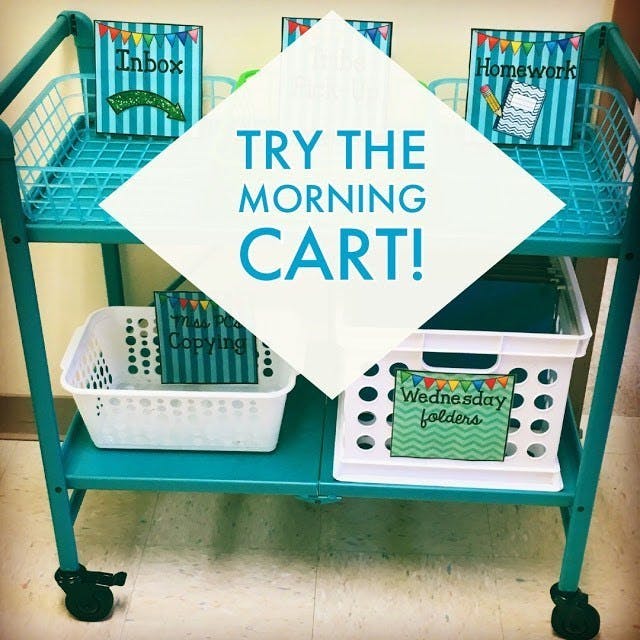 Morning cart with labeled baskets.