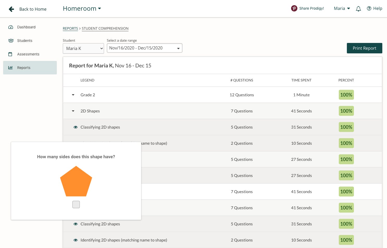 Screenshot of Prodigy's Student Comprehension report