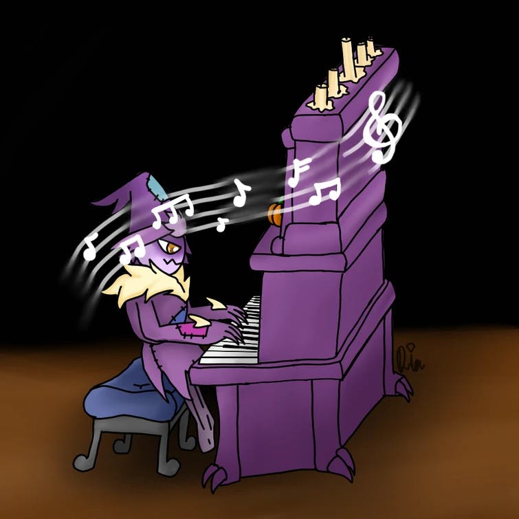 Diamondsea's art purple scarecrow playing piano for Wiztober