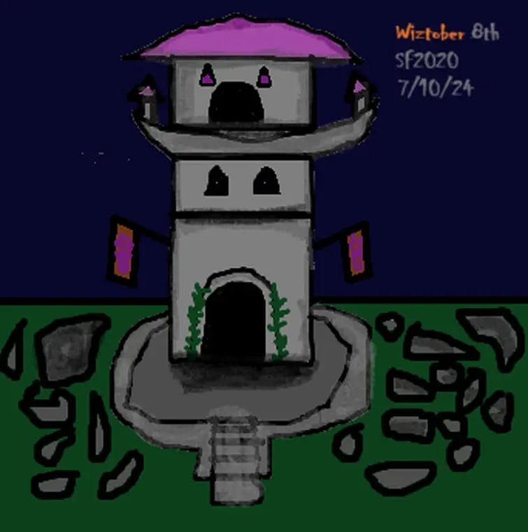 SuperaliFan2020's art a colorful drawing of a castle with a distinctive purple roof for Wiztober