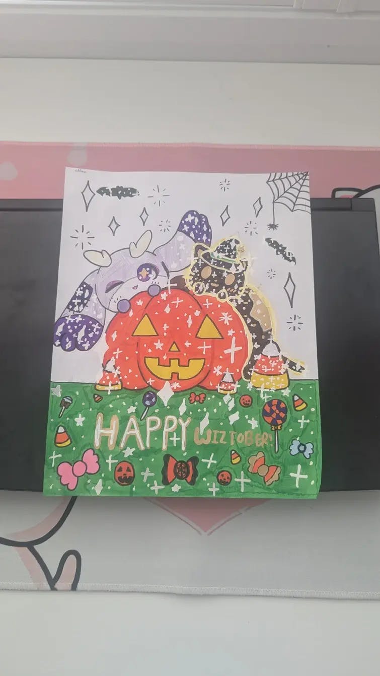 Chloesakuramoon's art A festive Halloween card featuring cheerful designs, pumpkins, and game characters for Wiztober elements,