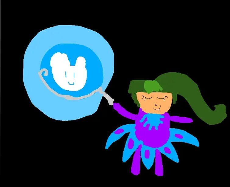 Adriana Bronzelight's art  a cheerful game character with a blue face joyfully holds a colorful balloon for Wiztober