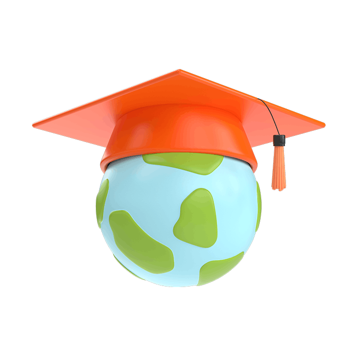 World globe with a graduation cap inside a white circle